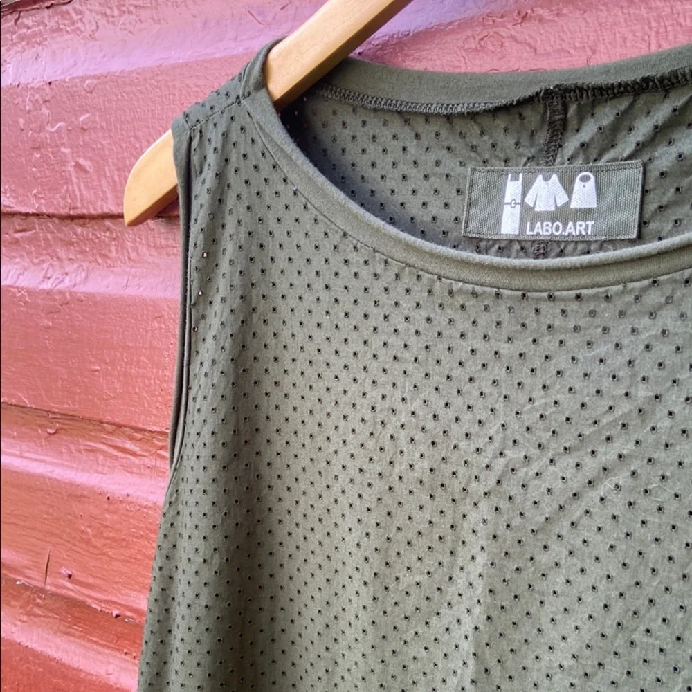 LABO.ART Abito Happy Dress Dark Olive Green Perforated Cotton Sleeveless Maxi - Picture 7 of 13